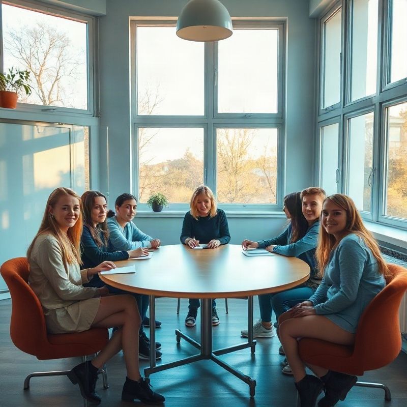 Небольшая группа студентов и преподаватель за круглым столом